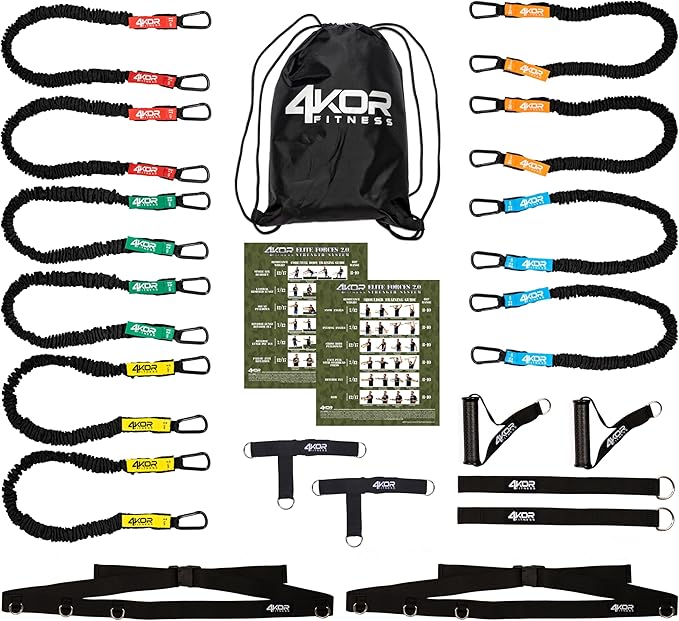 4KOR Deluxe Shoulder and Full Body Cross Anchored Resistance Cord System with Interchangeable Handles, Foot Straps, and Workout Guide. Exercise Bands with Nylon Sleeves, Anchors, and Carry Bag