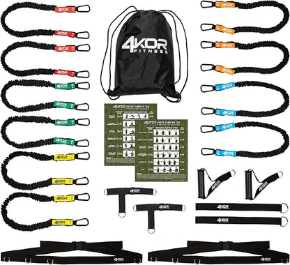 4KOR Deluxe Shoulder and Full Body Cross Anchored Resistance Cord System with Interchangeable Handles, Foot Straps, and Workout Guide. Exercise Bands with Nylon Sleeves, Anchors, and Carry Bag