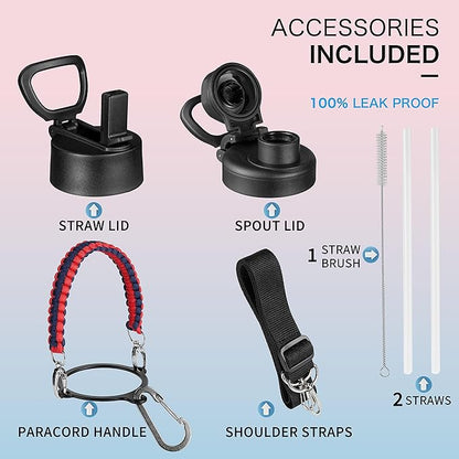 KXIAOCHEN Insulated Water Bottle, Stainless Steel Water Bottle, 2 Lids (Straw and Handle Lid),Wide Mouth Metal Water Bottles Keep Hot and Cold, Double Walled, Thermo Mug, Metal Canteen