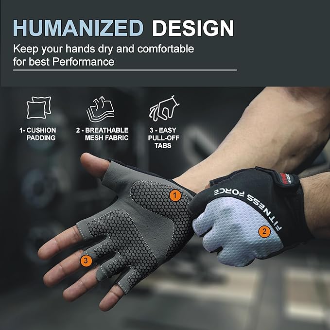 FITNESS FORCE Breathable Workout Gloves for Men and Women, Padded Weight Lifting Gloves with Full Palm Protection for Grip, Exercise, Cycling, Gym, Fitness Training