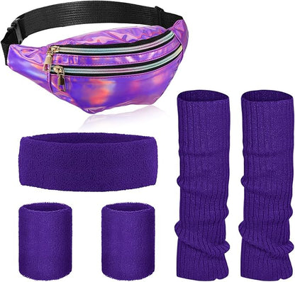 SATINIOR 80s Women Workout Outfit Neon Leg Warmer Headband Wristbands Fanny Pack Set 80s Accessories for Yoga Running