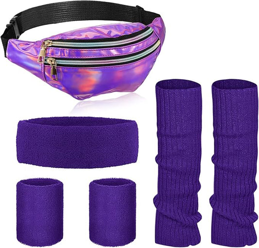 SATINIOR 80s Women Workout Outfit Neon Leg Warmer Headband Wristbands Fanny Pack Set 80s Accessories for Yoga Running
