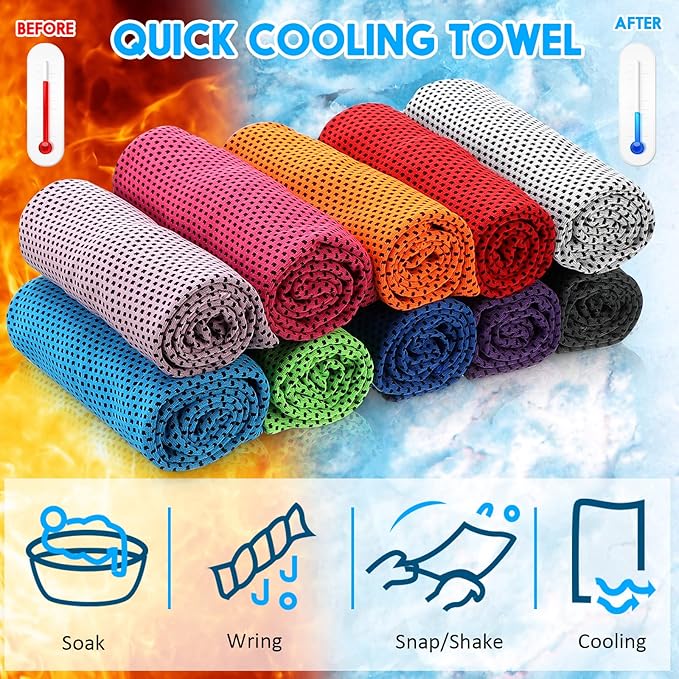 Redbaker 30 Pcs Cooling Towels 3 Sizes 40/35/31" Ice Towel Chilly Yoga Towel Microfiber Gym Towels for Neck Face Sports Workout Running Fitness Accessories, 10 Colors