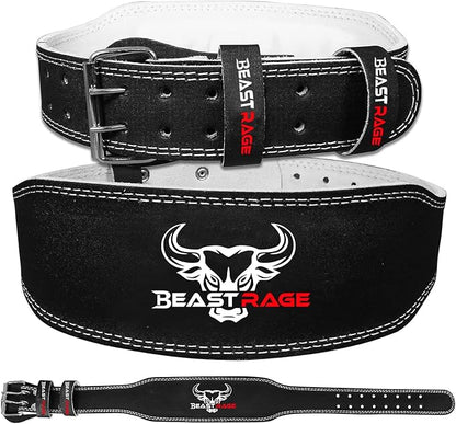 BEAST RAGE Weight Lifting Belt Leather Heavy Duty Gym Body Building Workout Training Weight Lifting Belt Adjustable Holes 4” Padded Lumbar Back Support Exercise Powerlifting Fitness Strength