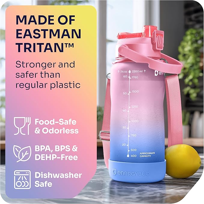 1/2 Gallon Water Bottle with 74.3 oz Capacity - Motivational Time Markers for Daily Hydration Goals - Leakproof BPA Free Tritan with Removable Straw