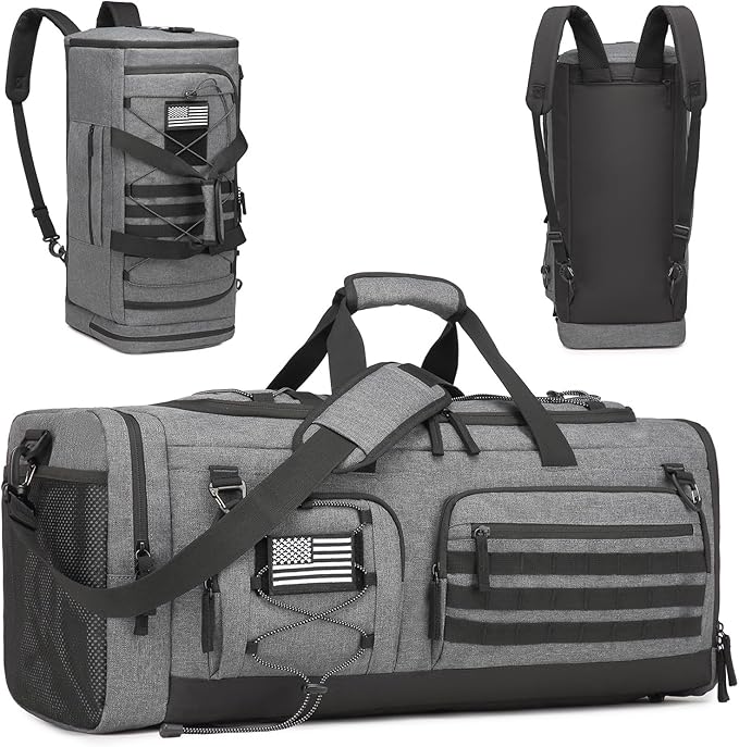 Gym Bag for Men and Women, 50L Extra Large Duffle Bag, 3-in-1 Travel Sports Duffel Bags with Shoe & Laptop Compartment for Overnight Weekender Gym Traveling Workout Deployment, Black + Gray