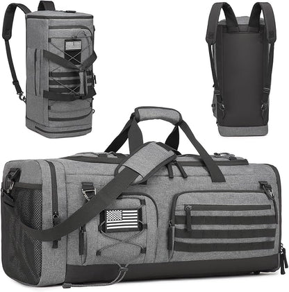Gym Bag for Men and Women, 50L Extra Large Duffle Bag, 3-in-1 Travel Sports Duffel Bags with Shoe & Laptop Compartment for Overnight Weekender Gym Traveling Workout Deployment, Black + Gray