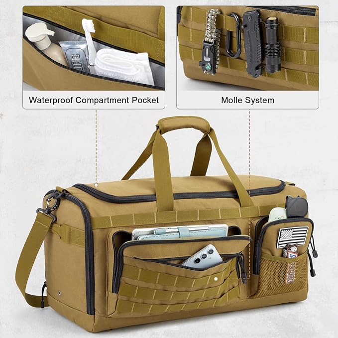 G4Free 3-in-1 Travel Duffle Bag for Men and Women, 50L Large Gym Sports Bags Tactical Military Duffle Backpack with Shoes Compartment and Wet Pocket (Khaki)