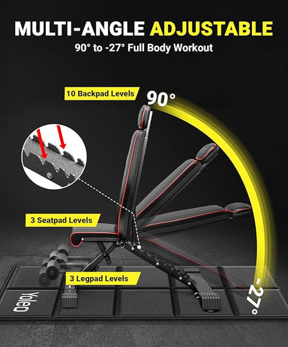 Yoleo Adjustable Weight Bench, 660LB Foldable Workout Bench with Extended Head/Neck Protection/Spine Support for Bench Press, Fast Folding Incline Decline Flat Bench