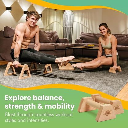 WOODPOWER® - PowerBars, Wooden Parallettes Push Up Bars, Joint-Friendly Beech Wood Calisthenics Equipment for Home, Durable Handstand Trainer Push Up Handles for Floors