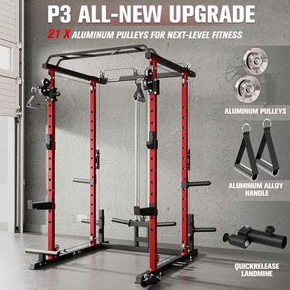 RitFit Multi-Function Garage & Home Gym Package Includes 1200LBS Power Cage PPC03/P3 with Cable Crossover System, Weight Bench, Olympic Barbell Weight Set, Full Body Workout