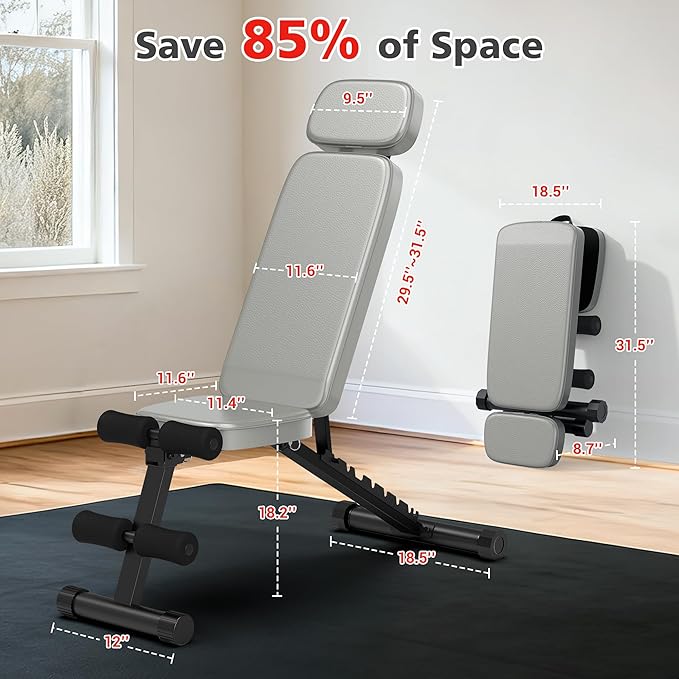 XDDIAS Workout Bench, 10 Backrests Adjustable Weight Bench with Extended Headrest, 800LBS Foldable Weight Bench for Home Gym, Incline Decline Flat Bench Compact for Small Space Training