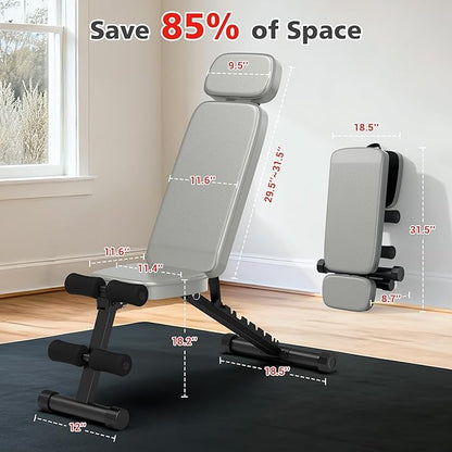 XDDIAS Workout Bench, 10 Backrests Adjustable Weight Bench with Extended Headrest, 800LBS Foldable Weight Bench for Home Gym, Incline Decline Flat Bench Compact for Small Space Training
