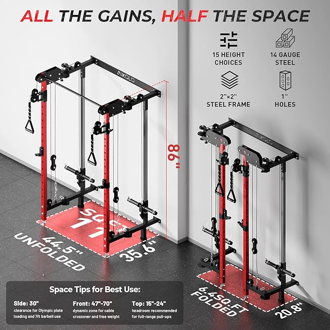 Mikolo Folding Squat Rack, Wall Mounted Power Rack with Cable Crossover Machine & LAT Pull Down, Functional Trainer with 5 Adjustable Function Modes, for Home Gym and Space Saving
