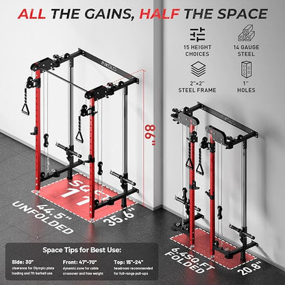 Mikolo Folding Squat Rack, Wall Mounted Power Rack with Cable Crossover Machine & LAT Pull Down, Functional Trainer with 5 Adjustable Function Modes, for Home Gym and Space Saving