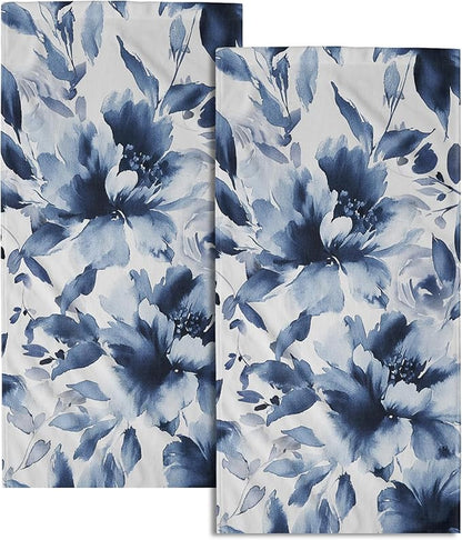 Navy Blue Flower Hand Towels Set of 2, Modern Ink Floral Face Towel 28X14 inch, Watercolor Botanical Floral Kitchen Dish Towels Quick Dry Super Absorbent Soft Washcloths for Bathroom Yoga Workout Gym