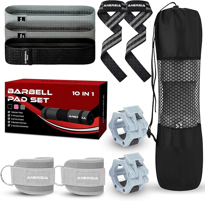 10 in 1 Barbell Pad Set for Squats & Hip Thrust – Barbell Pad with Resistance Bands, Lifting Straps, Ankle Straps & Barbell Clamps – Weightlifting Accessories Kit for Home Gym