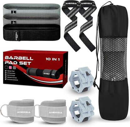 10 in 1 Barbell Pad Set for Squats & Hip Thrust – Barbell Pad with Resistance Bands, Lifting Straps, Ankle Straps & Barbell Clamps – Weightlifting Accessories Kit for Home Gym