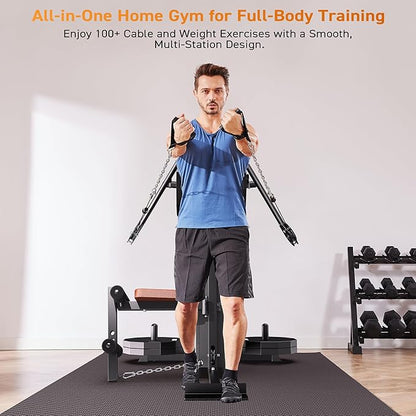 Multi Functional Home Gym Machine, All in One Compact Fitness Station with Pulley System for Shoulder, Leg, LAT Pulldown and Rowing, Space Saving Plate Loaded Strength Training Equipment