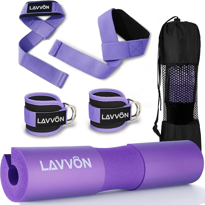 Squat Pad Set - Foam Barbell Pad for Squats Cushion, Lunges & Bar Padding for Hip Thrusts - Standard Olympic Weight Bar Pad - With Ankle Straps, Wrist Straps for Weightlifting