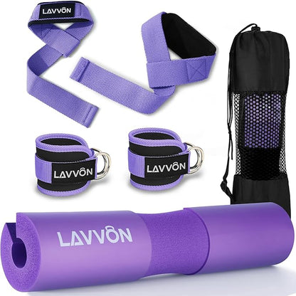 Squat Pad Set - Foam Barbell Pad for Squats Cushion, Lunges & Bar Padding for Hip Thrusts - Standard Olympic Weight Bar Pad - With Ankle Straps, Wrist Straps for Weightlifting