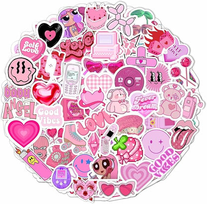 BulbaCraft 100Pcs Y2K Stickers Pink for Water Bottle and Laptop - Y2K Party Supplies & Decorations, Waterproof Vinyl Decals, 2000s and Aesthetic Stickers, Gifts for Women & Men