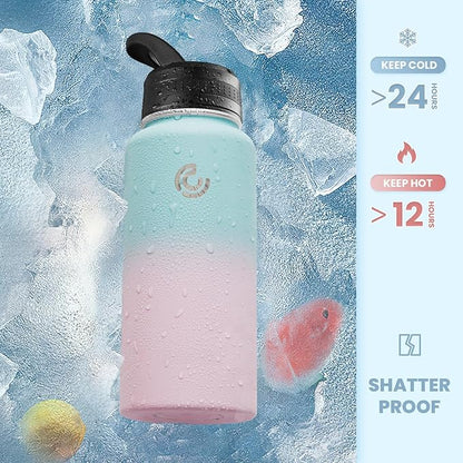 COKTIK 32oz Sports Water Bottle, Stainless Steel Water Bottle for Insulated, Reusable Travel Bottle, With Straw, With Handle Grip for Easy Carrying, Suitable for Cycling, Outdoor Vacations(Bubble Gum)