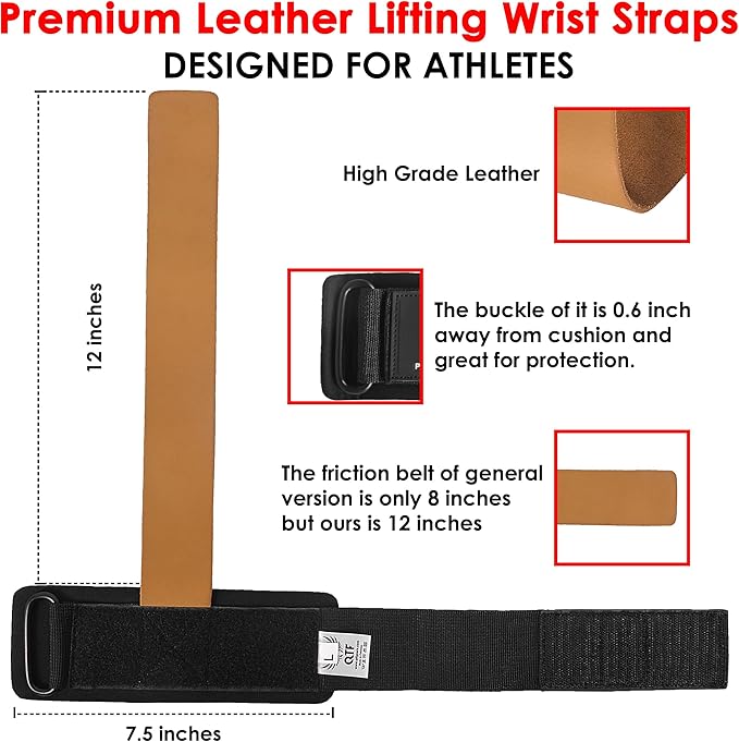 QTF Leather Lifting Wraps, Wrist Straps for Weightlifting, Wrist Support for Working Out, Bodybuilding, MMA, Powerlifting, Strength Training, Men & Women