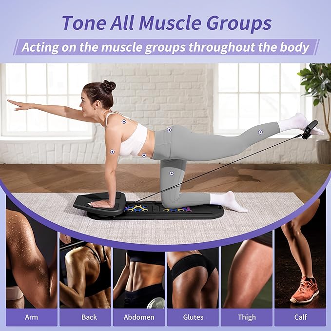 Pilates Board Reformer 15-in-1: Split & Foldable Design, Portable Home Gym with Digital Display, Resistance Bands, Balance Board for Women's Full Body & Core Training