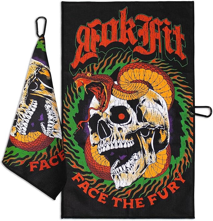 RokFit Gym & Golf Towel – Multi-Use, Quick-Dry, Durable Utility Towel with Bold Graphic and Carabiner Clip (Face The Fury)