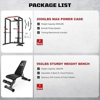 S11 Power Cage, 2000LB Multi-Function Power Rack with LAT Pulldown, Squat Rack with Adjustable Pulley System and Training Attachments, Weight Rack for Home Gym
