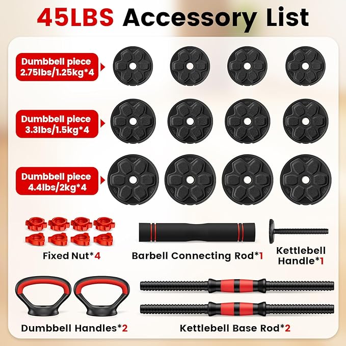 Adjustable Dumbbell Set, 20/33/45/70/90lbs Free Weight Set with Connector, 4 in1 Dumbbells Set Used as Barbell, Kettlebells, Push up Stand, Weight Set for Home Gym Suitable Men/Women