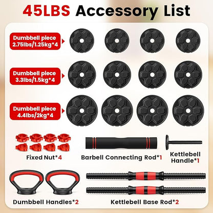 Adjustable Dumbbell Set, 20/33/45/70/90lbs Free Weight Set with Connector, 4 in1 Dumbbells Set Used as Barbell, Kettlebells, Push up Stand, Weight Set for Home Gym Suitable Men/Women