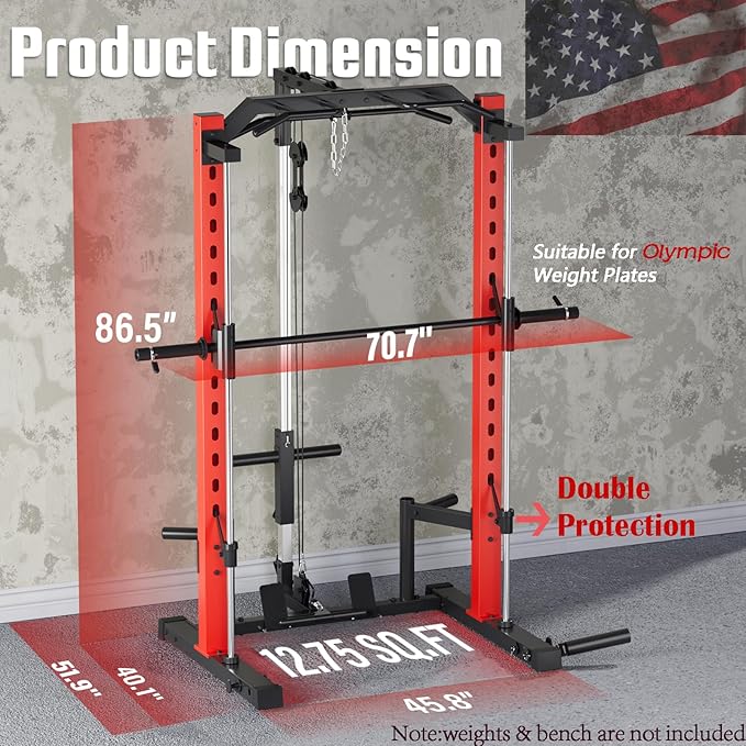 OPPSDECOR All-in-One Adjustable Smith Machine with LAT-Pull Down System Multi-Function Power Cage for Home Gym Cable Crossover Squat Rack of Workout Machine Training Equipment with Attachments