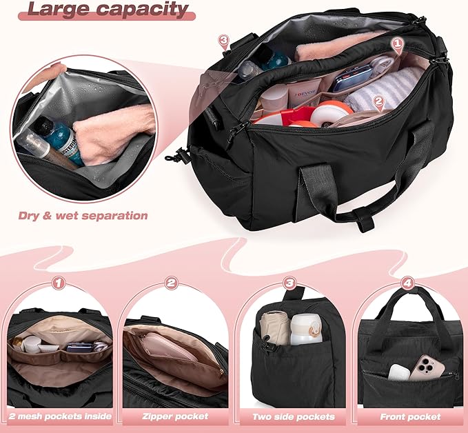 Small Gym Bag for Women, Mini Duffle Bag with Wet Compartment, 12L Travel Carry on Weekender Bag for Sports, Workout and Fitness, Black