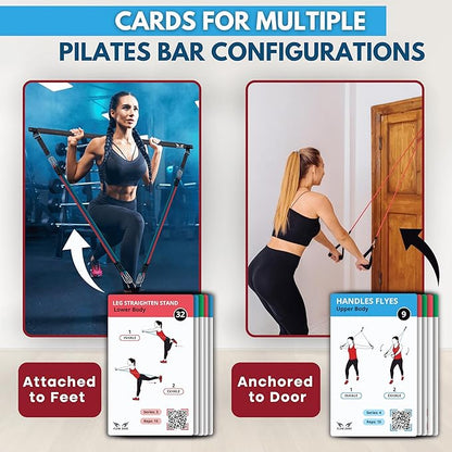 Pilates Bar Kit Workout Cards – 62 Exercise Cards Deck with Videos & Workout Plan - Includes 8-Week Challenge, Chart & 2 Rings for Easy Organization - Home Exercise Bar Guide for Women & Men