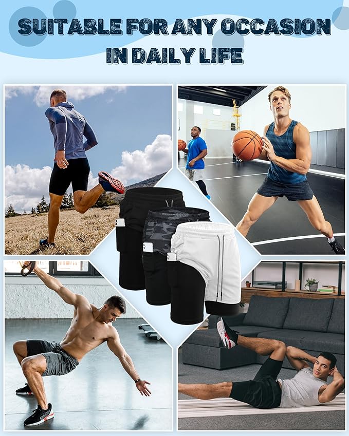 Sureio 3 Pcs Men's 2 in 1 Gym Workout Running Shorts 7 Inch Quick Dry Lightweight Athletic Short with Liner Pocket Towel Loop