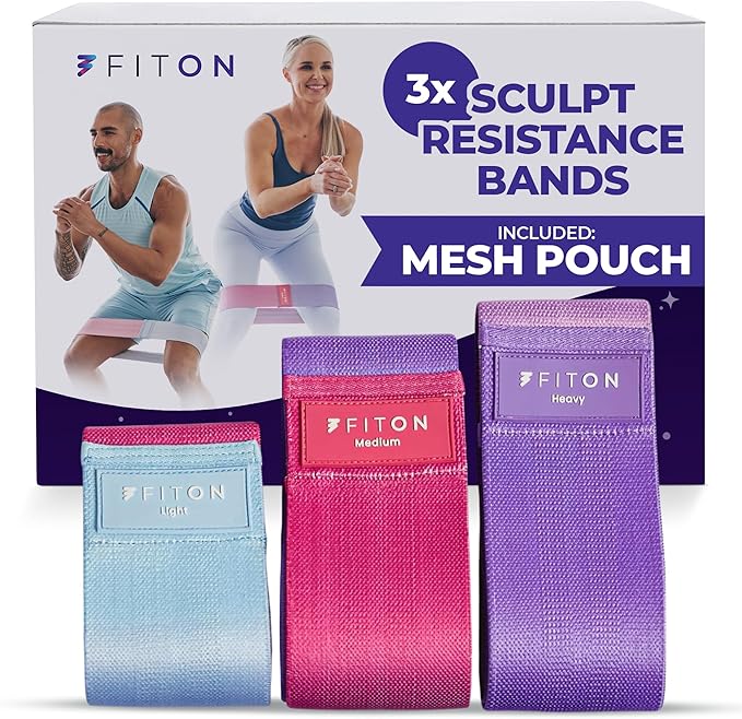 FitOn Sculpt Resistance Bands for Exercise - Workout Bands Set for Women and Men, Non-Slip Yoga & Pilates Equipment with Knitted Rubber, Home Fitness Gear for Thighs, Glutes, Legs, 3-Pack, Multi-Color
