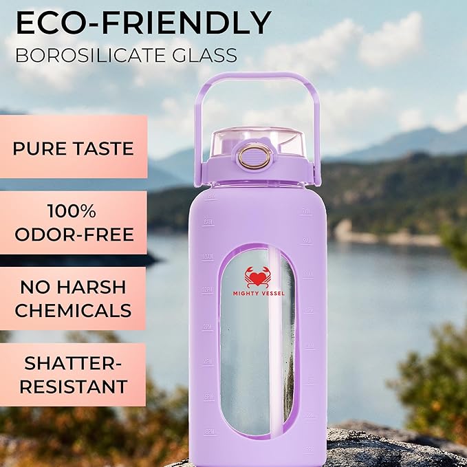 64 Oz Water Bottle with Time Marker & Straw - Violet Pregnancy 2 Liter Glass Water Bottles with Measurements - Daily intake bottle - Leakproof Borosilicate jug