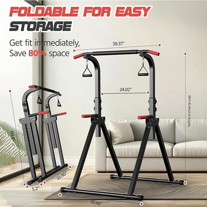 Power Tower Pull Up Bar Free standing with Resistance Bands, 350LBS Heavy Duty Alloy Steel Dip Station for Home Gym Strength Training, Adjustable Height Workout Equipment
