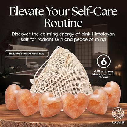 UMAID Himalayan Salt Massage Stones Heart Shape 6 Pack with Cotton Storage Bag – Natural Deodorant, Massage Stones, Hot & Cold Therapy, Muscle Relief, Spa Use