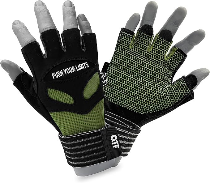 QTF Weight Lifting Gym Workout Gloves with Long Wrist Strap, Fingerless Gym Gloves for Men & Women, Full Palm Protection, for Weightlifting, Training, Fitness, Hanging