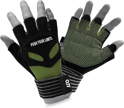 QTF Weight Lifting Gym Workout Gloves with Long Wrist Strap, Fingerless Gym Gloves for Men & Women, Full Palm Protection, for Weightlifting, Training, Fitness, Hanging