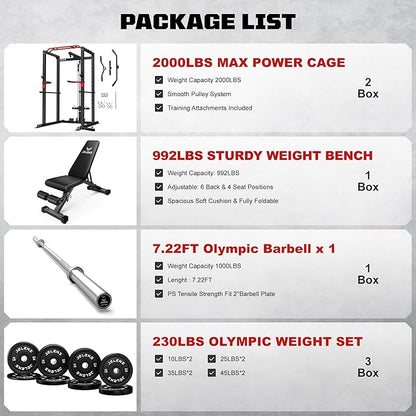 S11 Power Cage, 2000LB Multi-Function Power Rack with LAT Pulldown, Squat Rack with Adjustable Pulley System and Training Attachments, Weight Rack for Home Gym