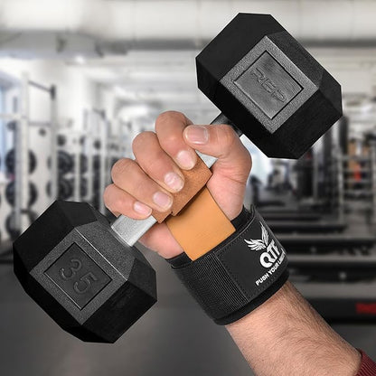 QTF Leather Lifting Wraps, Wrist Straps for Weightlifting, Wrist Support for Working Out, Bodybuilding, MMA, Powerlifting, Strength Training, Men & Women