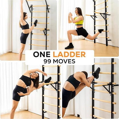 Swedish Ladder, Wood Stall Bar, Swedish ladders Wall Gym Adult, Adjustable Pull Up and Dip Station for Adults and Kids, 9-Anchor Solid Pine, Home Fitness