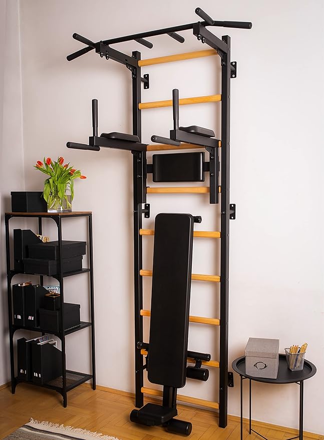 Wooden Swedish Ladder Wall Stall Bar - Indoor Chin Up Bar Workout Equipment for Home Exercise, Physical Therapy, Gymnastics, Fitness