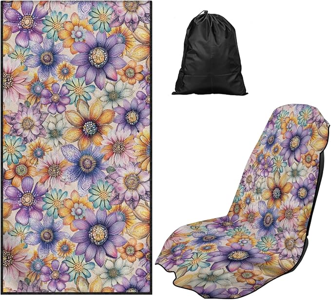Bulopur Boho Floral Beach Towel Car Seat Covers Front Seats Non-Slip Breathable Sweat Towel Car Seat Cover for Post Gym Workout Surfing Swimming Running Yoga Blankets