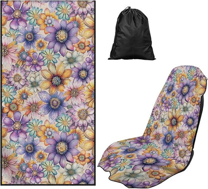 Bulopur Boho Floral Beach Towel Car Seat Covers Front Seats Non-Slip Breathable Sweat Towel Car Seat Cover for Post Gym Workout Surfing Swimming Running Yoga Blankets