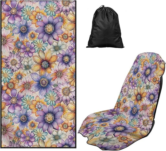 Bulopur Boho Floral Beach Towel Car Seat Covers Front Seats Non-Slip Breathable Sweat Towel Car Seat Cover for Post Gym Workout Surfing Swimming Running Yoga Blankets